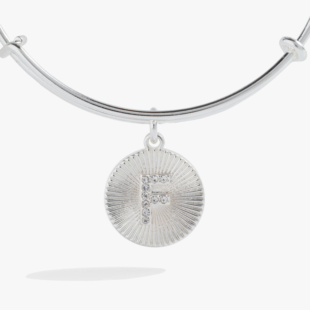Initial F Pave Starburst Bangle Bracelet in Silver and Gold