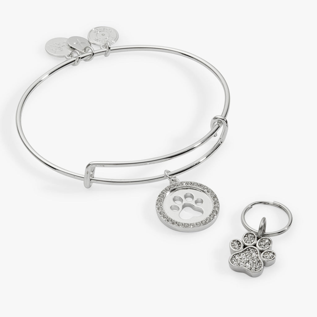 Silver bangle and pet collar charm set with light green accents and sparkling crystals.