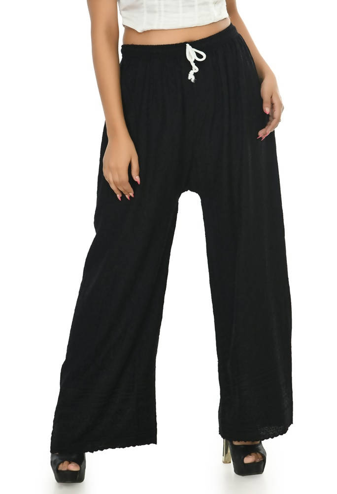 Black Chikankari Work Palazzo Pants in Rayon Cotton
