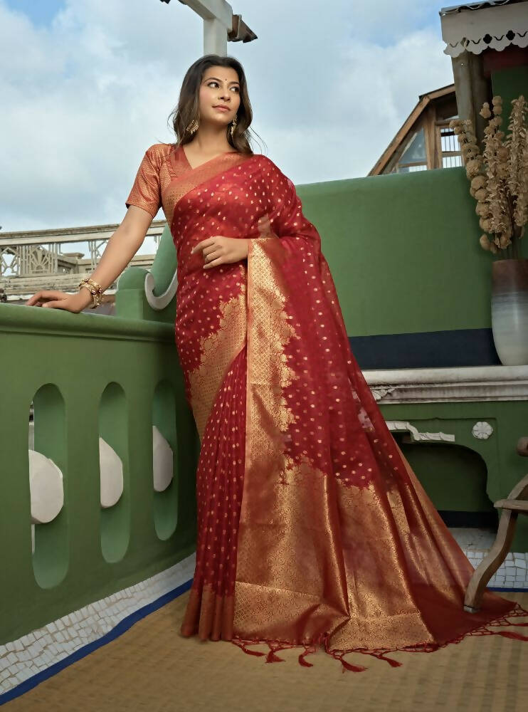 Maroon Organza Silk Saree with Weaving Work and Deep Red Blouse
