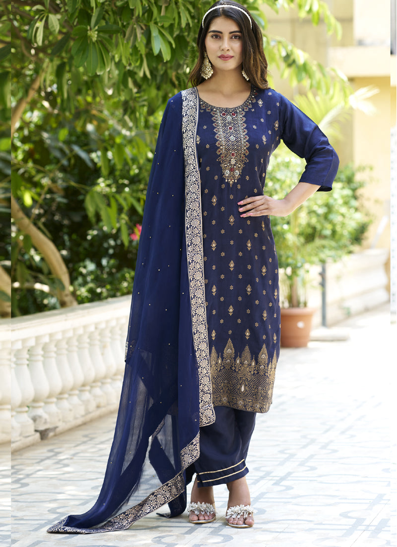 Navy Blue Viscose Rayon A-Line Embroidered Salwar Suit