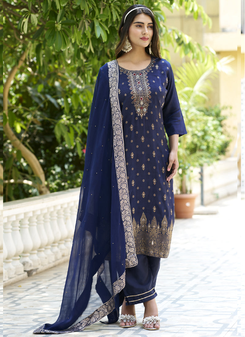 Navy Blue Viscose Rayon A-Line Embroidered Salwar Suit