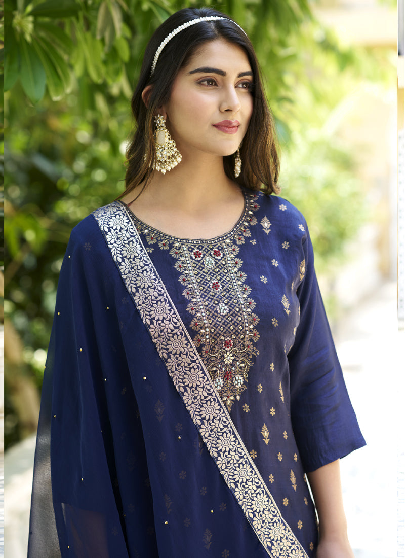 Navy Blue Viscose Rayon A-Line Embroidered Salwar Suit