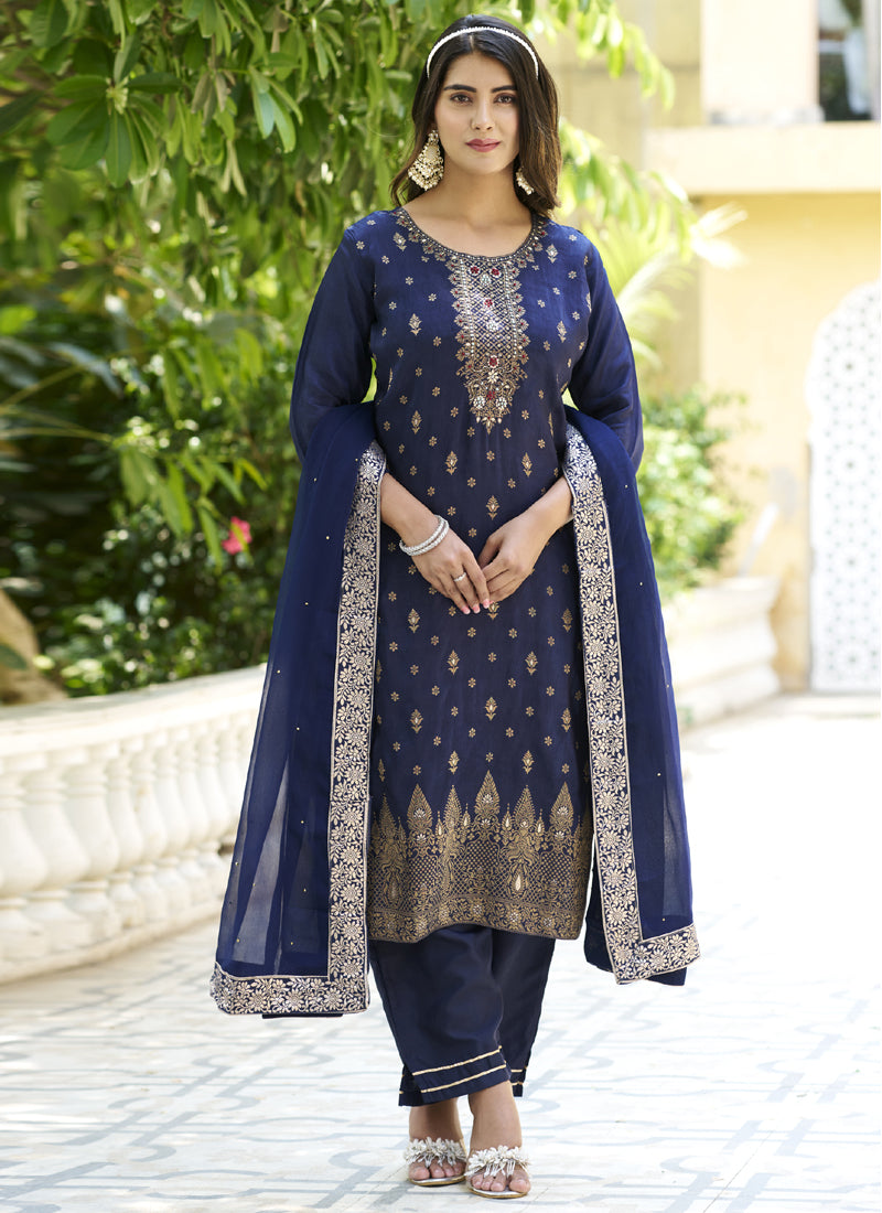 Navy blue embroidered A-line salwar suit in soft viscose rayon