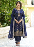 Navy blue embroidered A-line salwar suit in soft viscose rayon