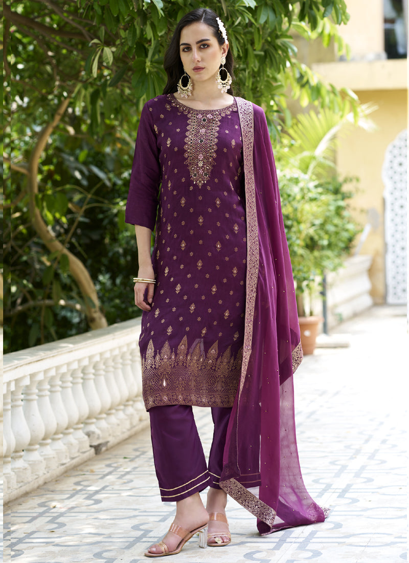 Violet Viscose Rayon A-Line Embroidered Salwar Suit Set