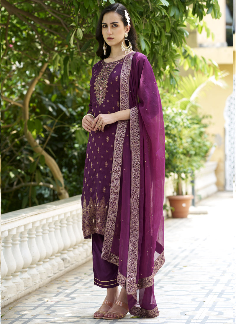 Violet Viscose Rayon A-Line Embroidered Salwar Suit Set