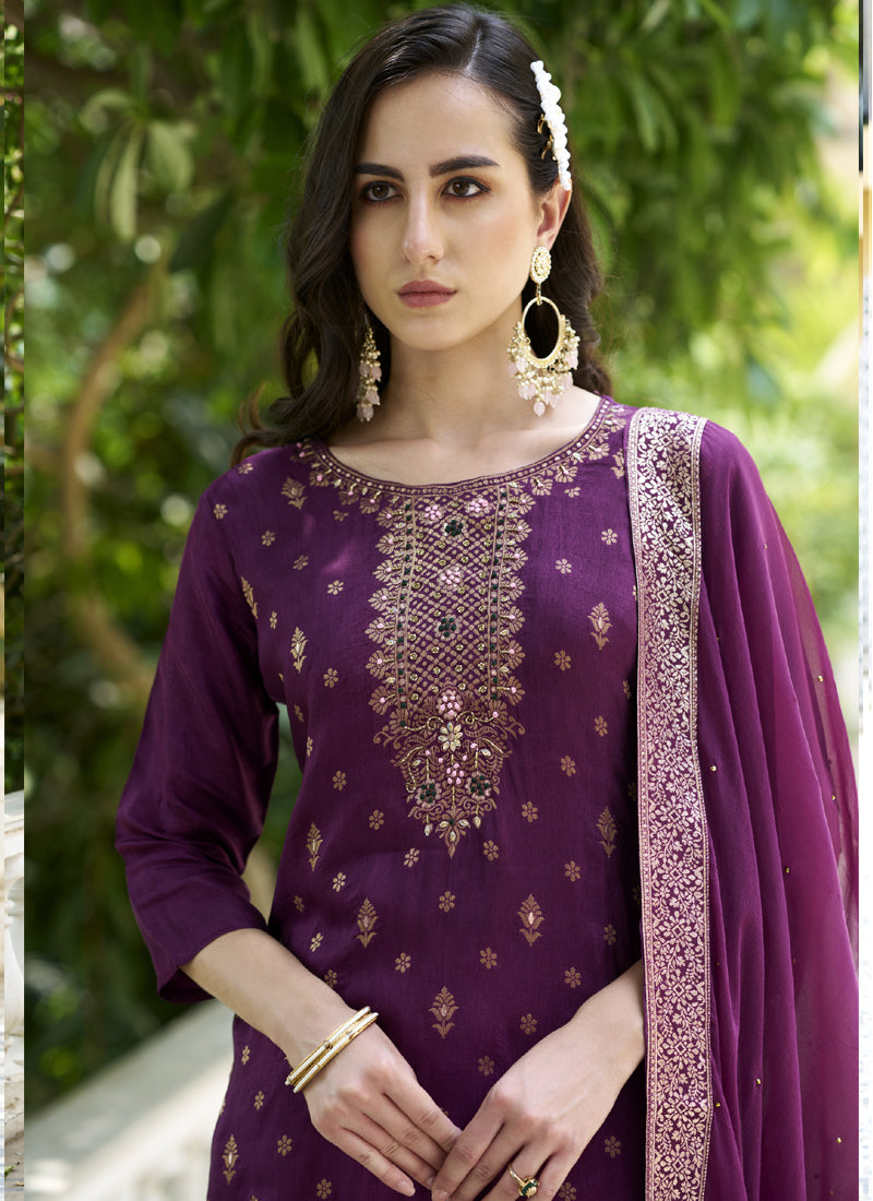 Violet Viscose Rayon A-Line Embroidered Salwar Suit Set