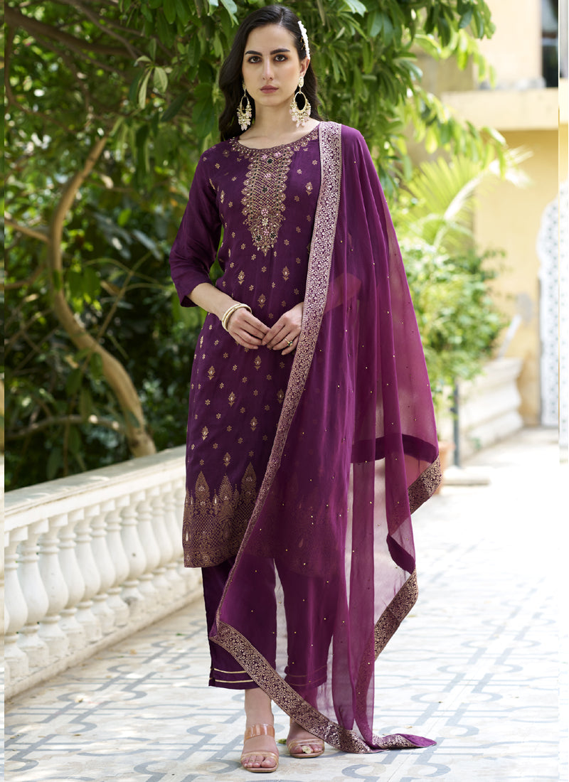 Violet A-line viscose rayon salwar suit with detailed embroidery and matching dupatta