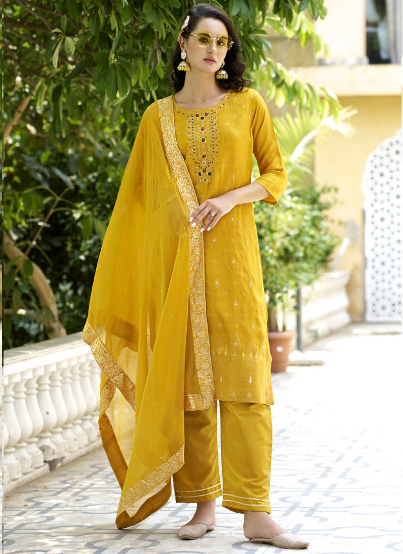 Vegaa Fashion Yellow Viscose Rayon Embroidered Salwar Suit