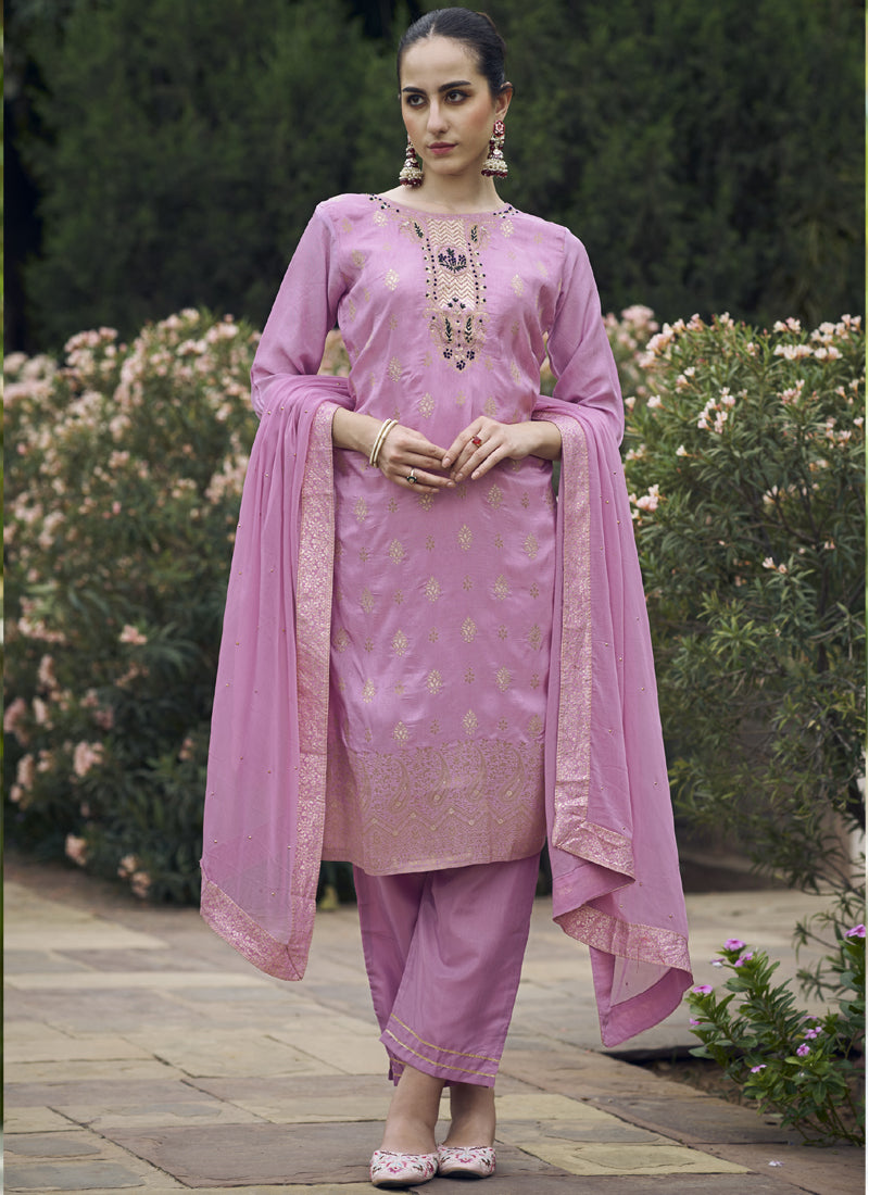 Onion Pink Viscose Rayon Embroidered Salwar Suit Set