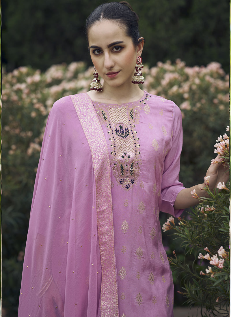 Onion Pink Viscose Rayon Embroidered Salwar Suit Set