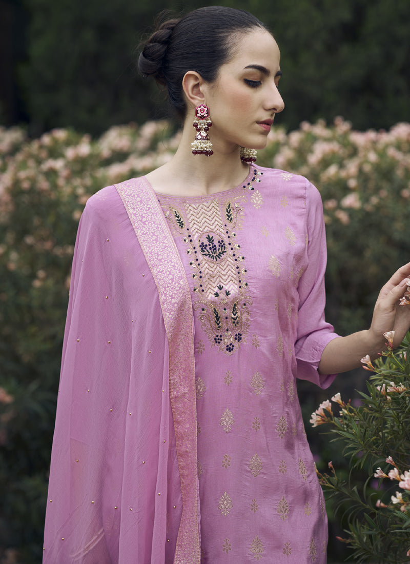 Onion Pink Viscose Rayon Embroidered Salwar Suit Set