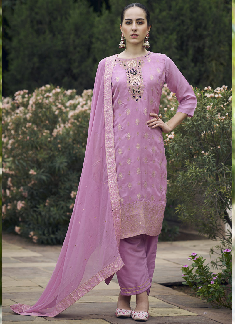 Onion pink viscose rayon embroidered A-line salwar suit