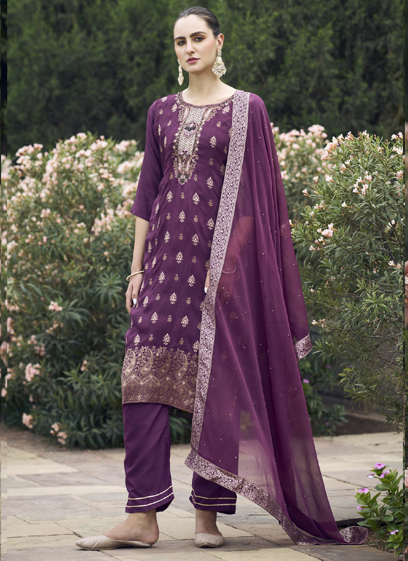 Wine Viscose Rayon Embroidered A-Line Salwar Suit Set