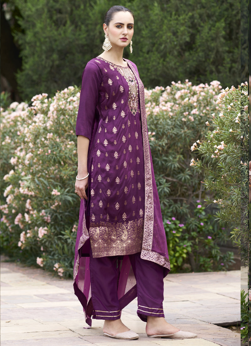 Wine Viscose Rayon Embroidered A-Line Salwar Suit Set