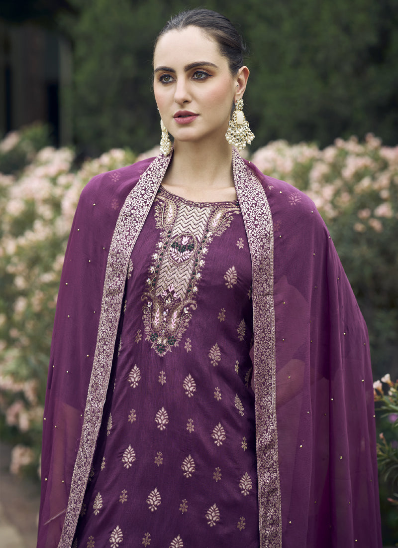 Wine Viscose Rayon Embroidered A-Line Salwar Suit Set