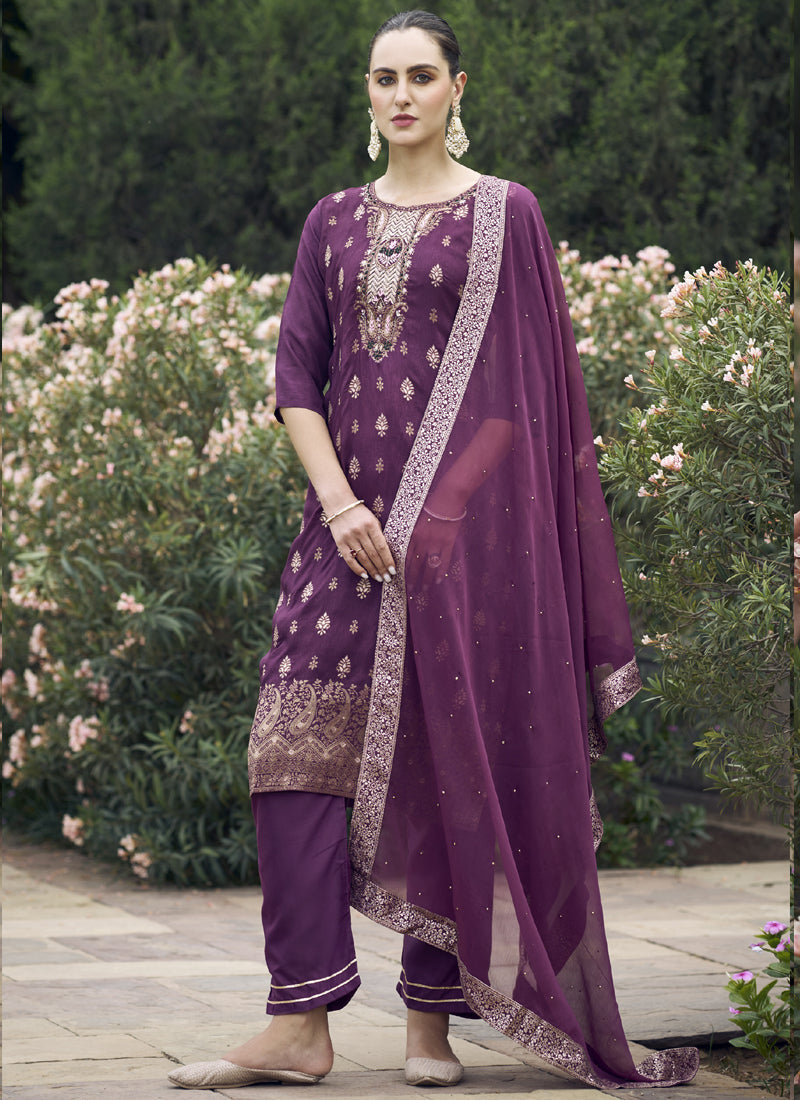 Wine colored Viscose Rayon Salwar Suit with embroidery and A-line silhouette