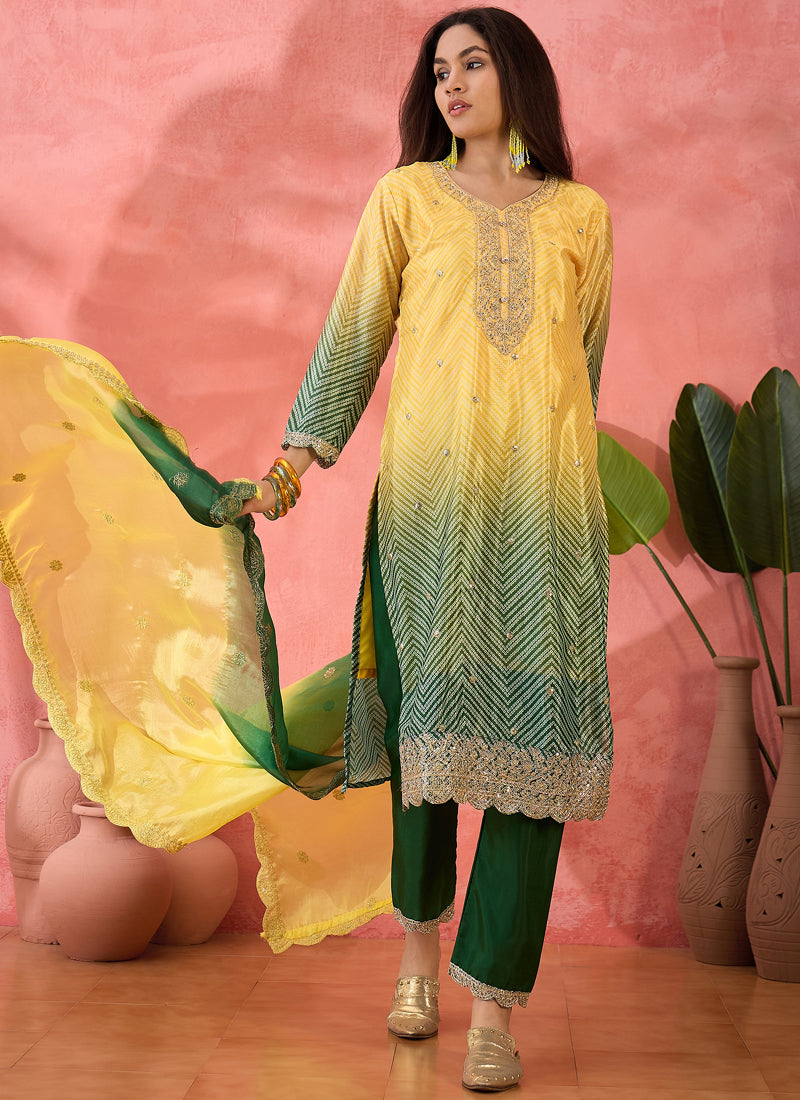 Yellow Chinon Silk Embroidered A-Line Salwar Suit Set