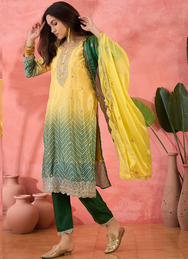 Yellow Chinon Silk Embroidered A-Line Salwar Suit Set