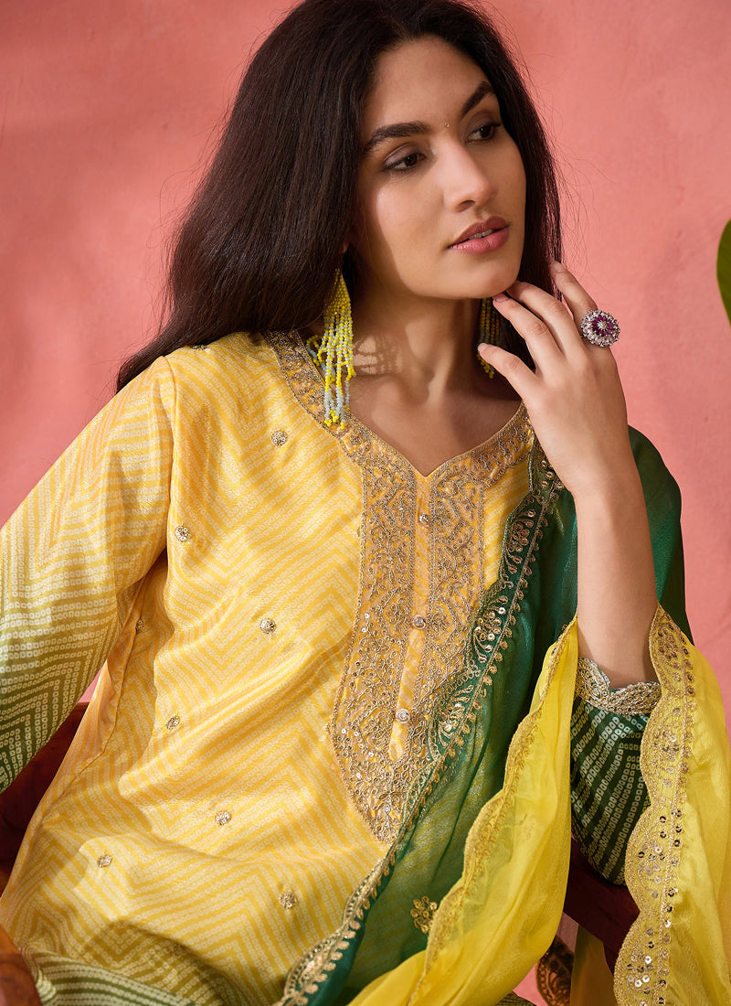 Yellow Chinon Silk Embroidered A-Line Salwar Suit Set