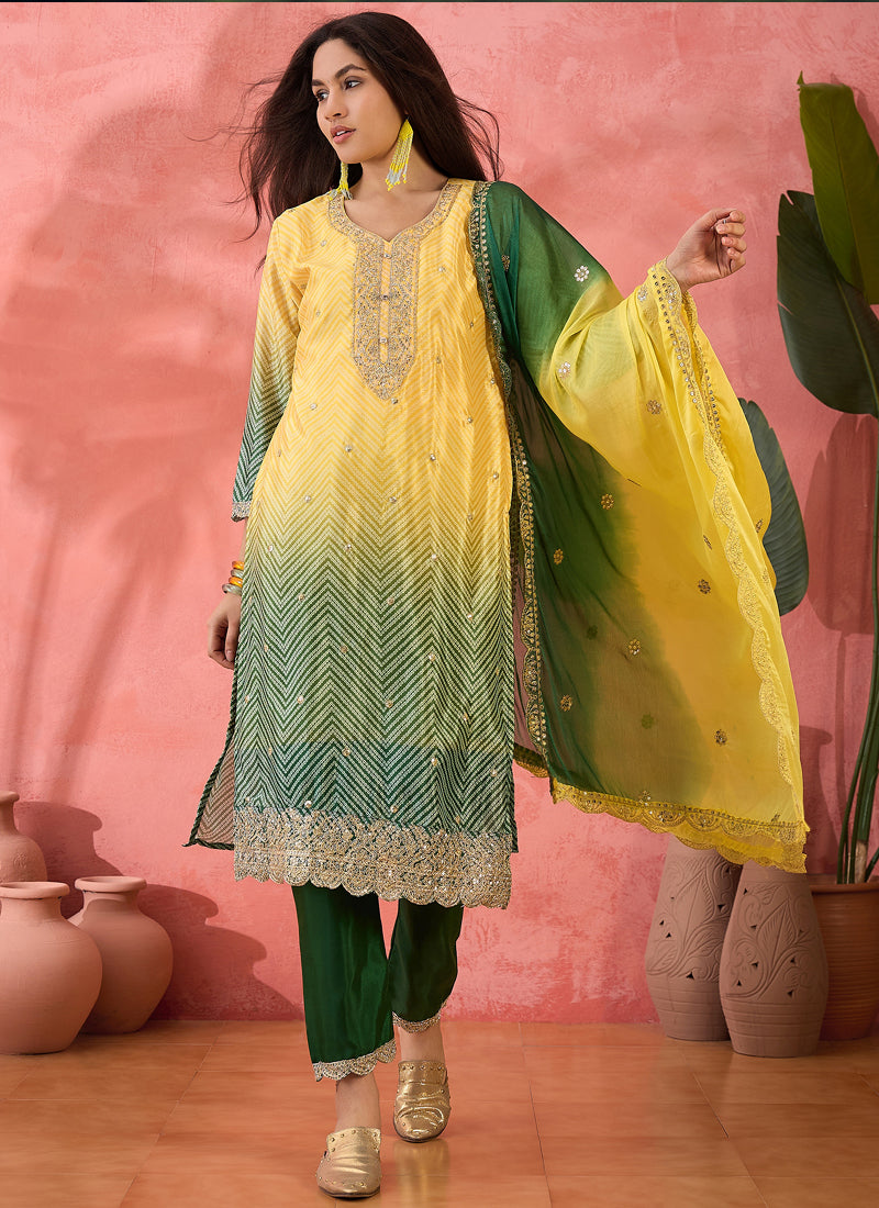 Yellow Chinon Silk A-line kurta with embroidery paired with bottom and dupatta