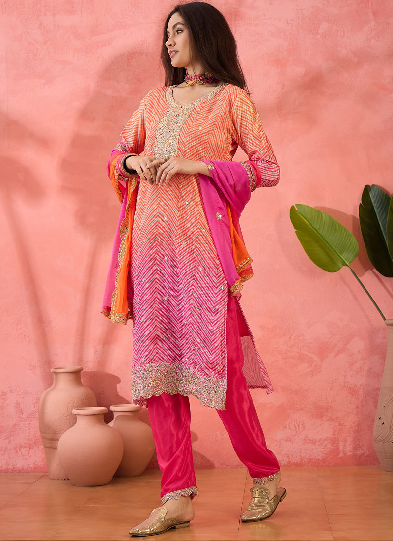 Pink Chinon Silk Embroidered A-Line Salwar Suit Set