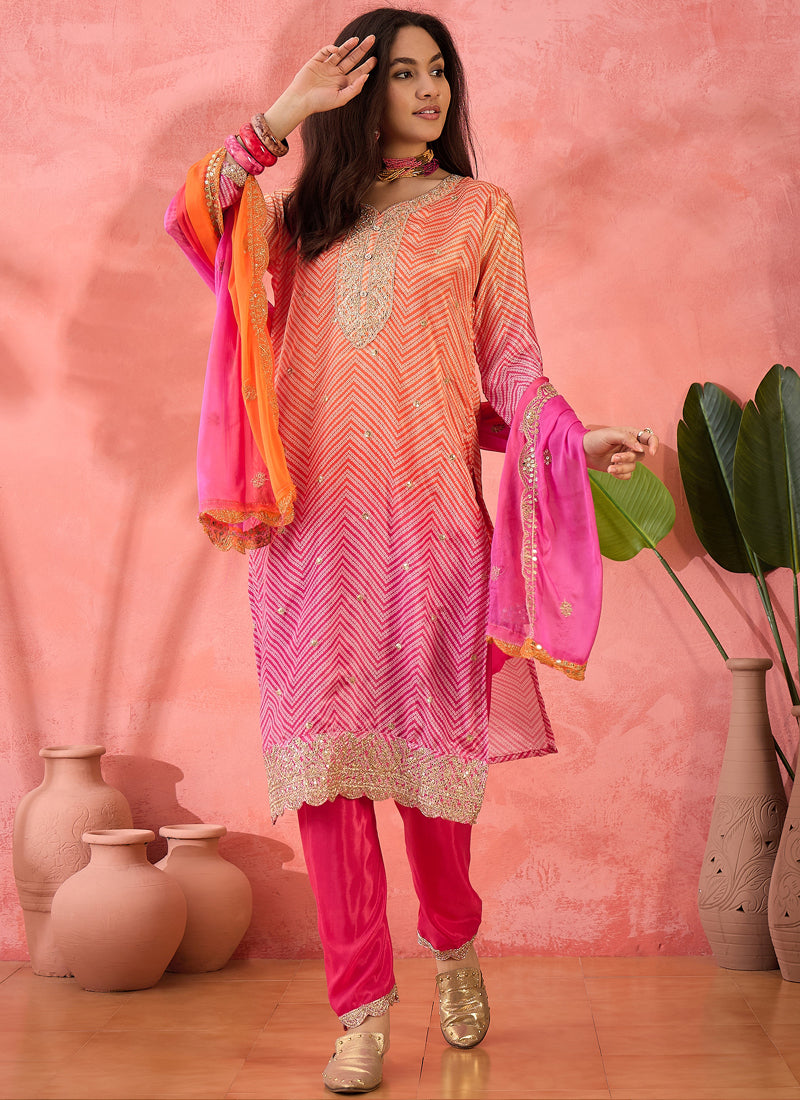 Pink Chinon Silk Embroidered A-Line Salwar Suit Set