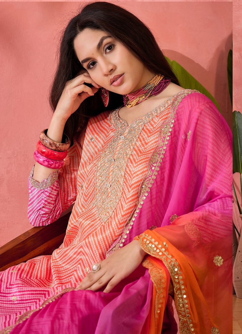 Pink Chinon Silk Embroidered A-Line Salwar Suit Set