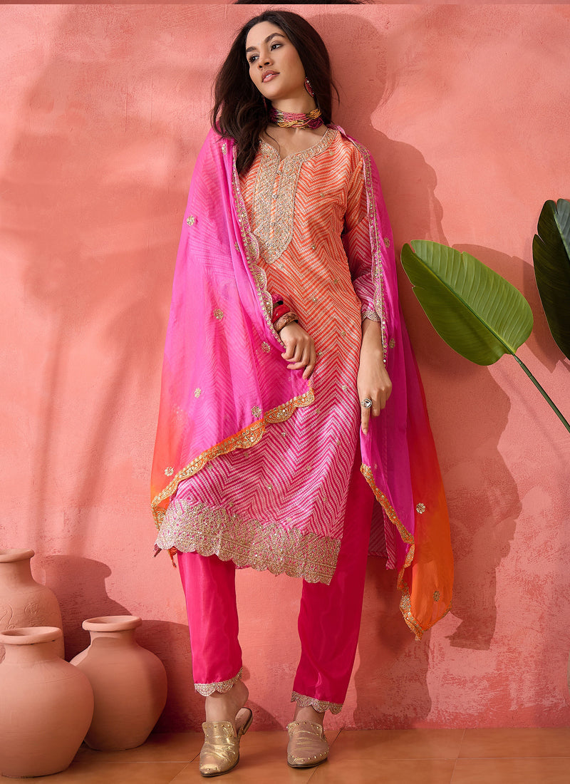 Pink Chinon silk A-line salwar suit with delicate embroidery