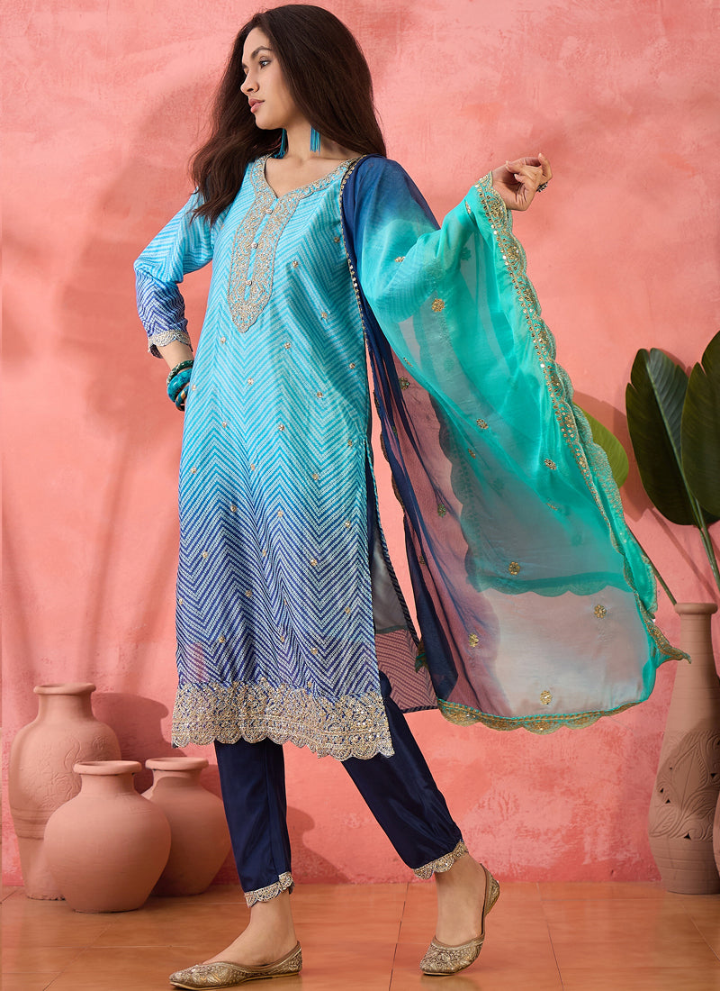 Vegaa Fashion Sky Blue Chinon Silk Embroidered Salwar Suit