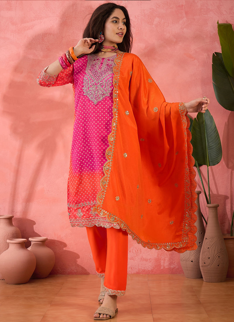 Luxurious pink Chinon silk salwar suit with embroidery