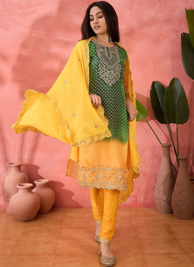 Green and Yellow Chinon Silk Embroidered Salwar Suit