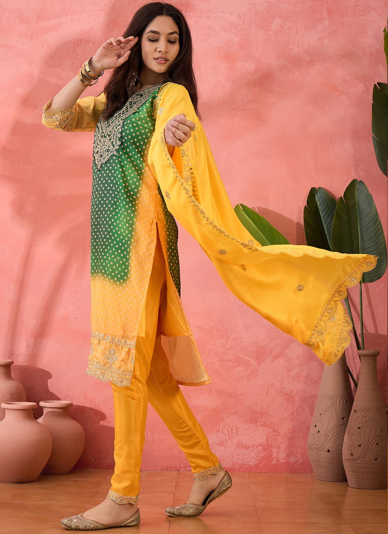 Green and Yellow Chinon Silk Embroidered Salwar Suit