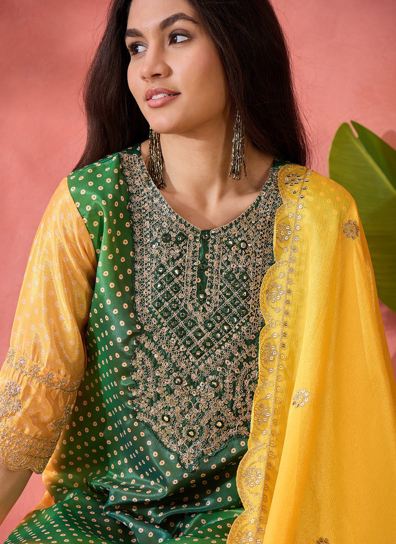 Green and Yellow Chinon Silk Embroidered Salwar Suit
