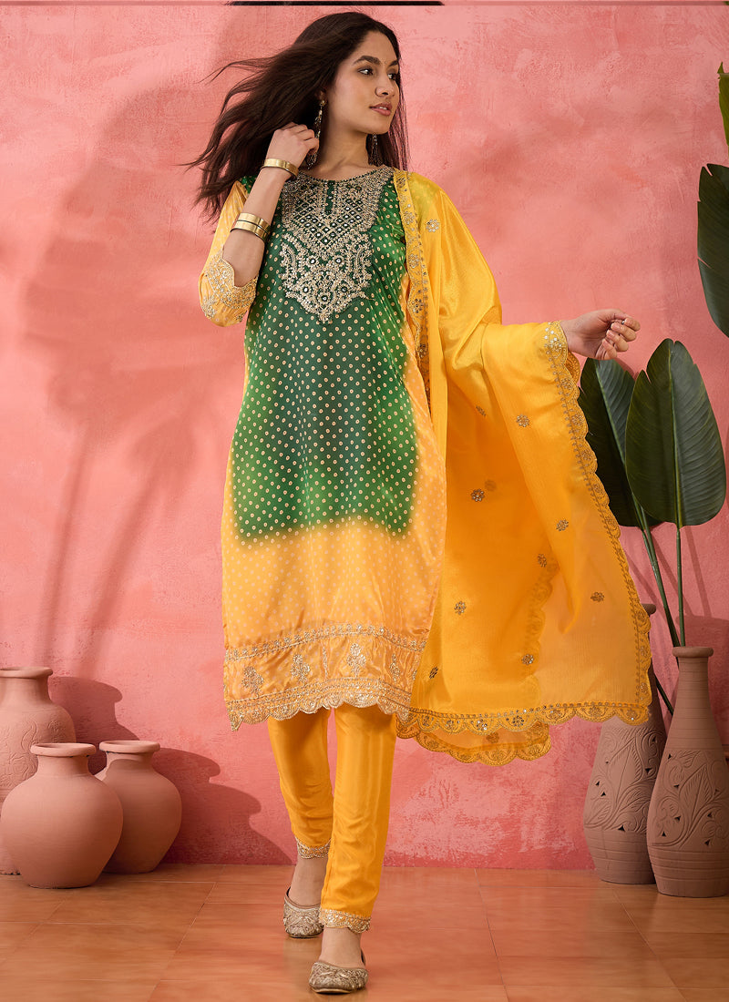 Green and Yellow Chinon Silk A-line salwar suit featuring intricate embroidery