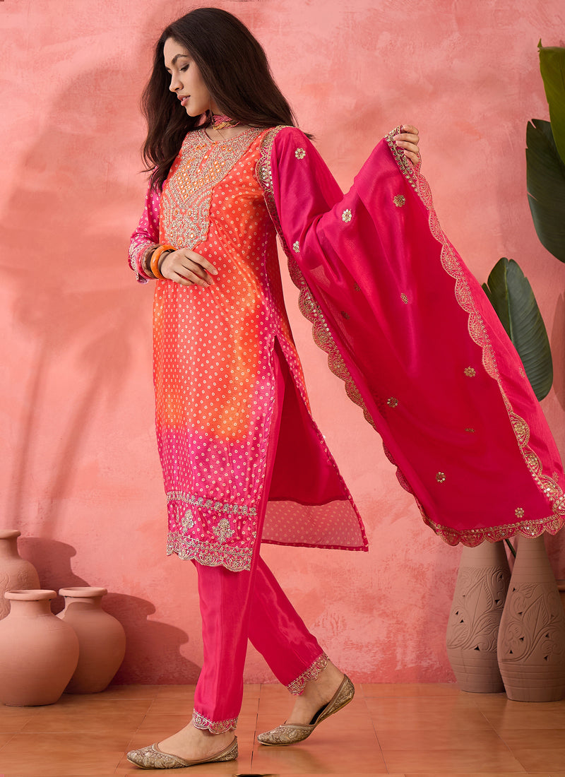 Pink and Orange Chinon Silk Embroidered Salwar Suit