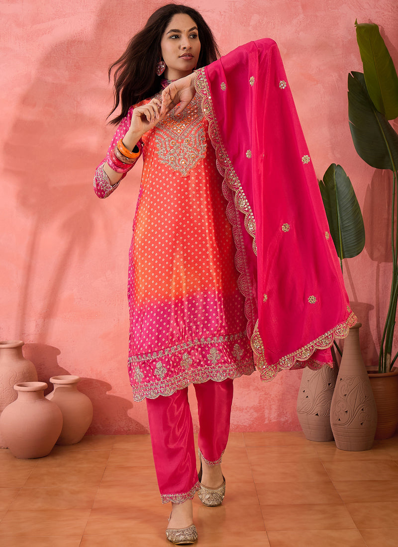 Pink and Orange Chinon Silk Embroidered Salwar Suit