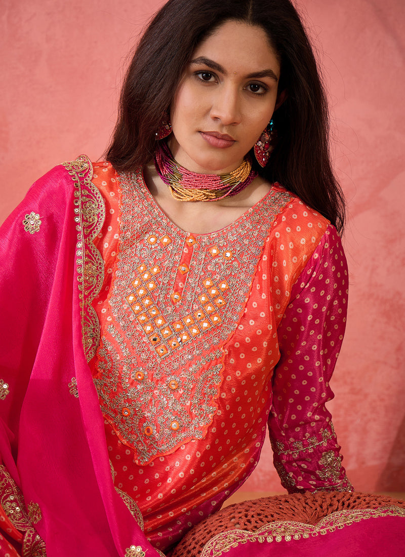 Pink and Orange Chinon Silk Embroidered Salwar Suit