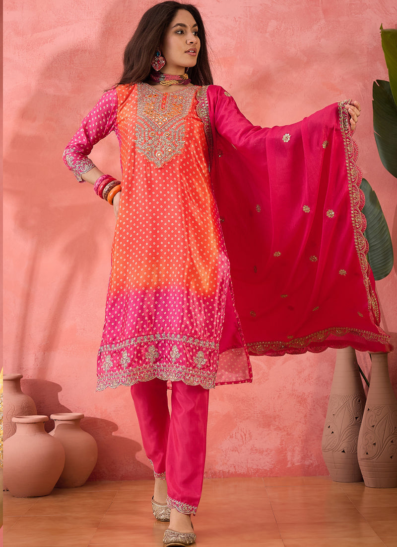 Pink and orange embroidered Chinon silk A-line salwar suit set