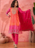 Pink and orange embroidered Chinon silk A-line salwar suit set