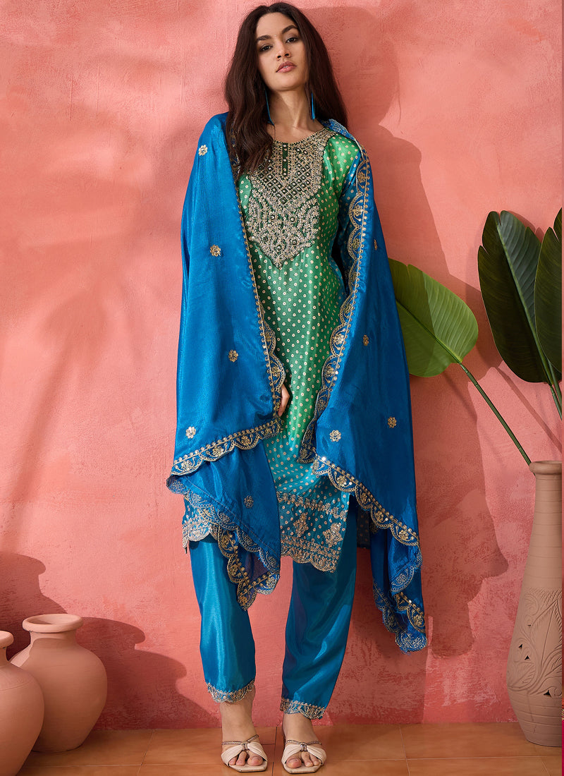 Vegaa Fashion Green Chinon Silk Embroidered Salwar Suit