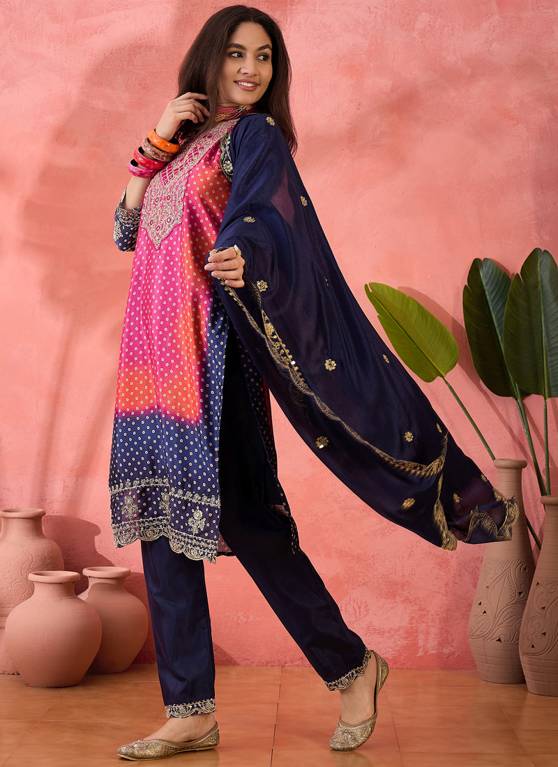 Pink Chinon Silk Embroidered A-Line Salwar Suit