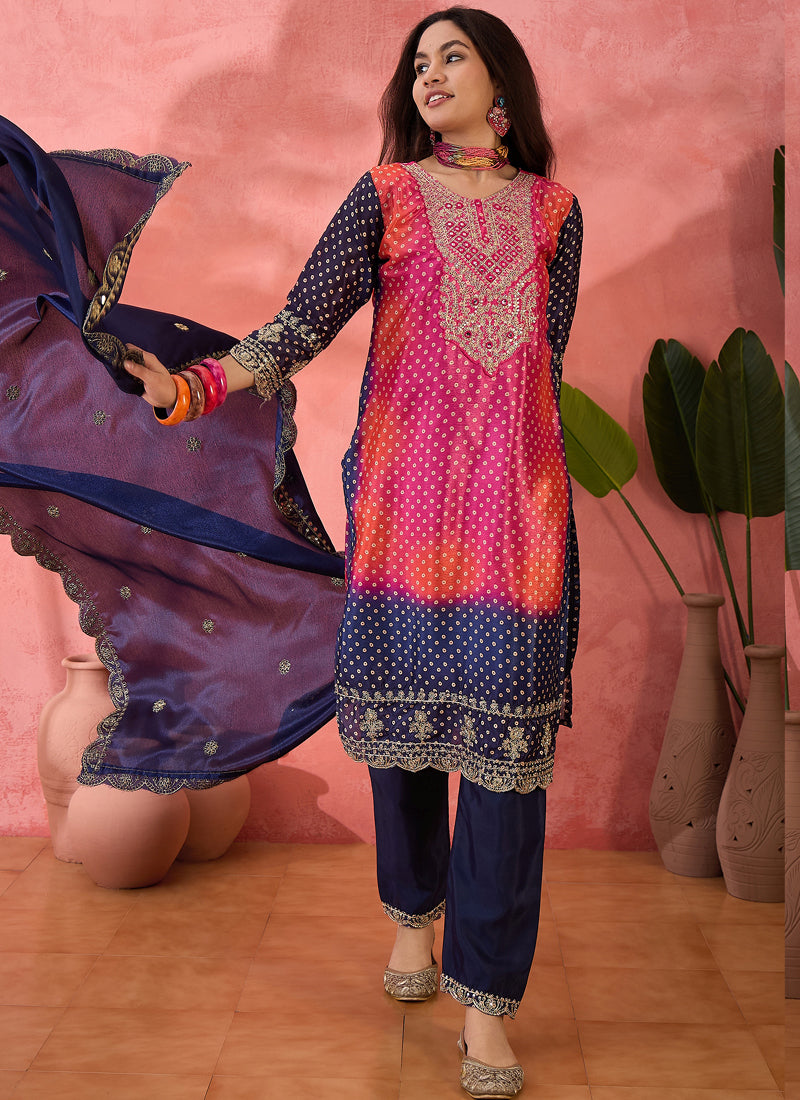 Pink Chinon Silk Embroidered A-Line Salwar Suit