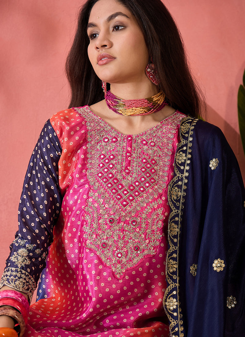 Pink Chinon Silk Embroidered A-Line Salwar Suit