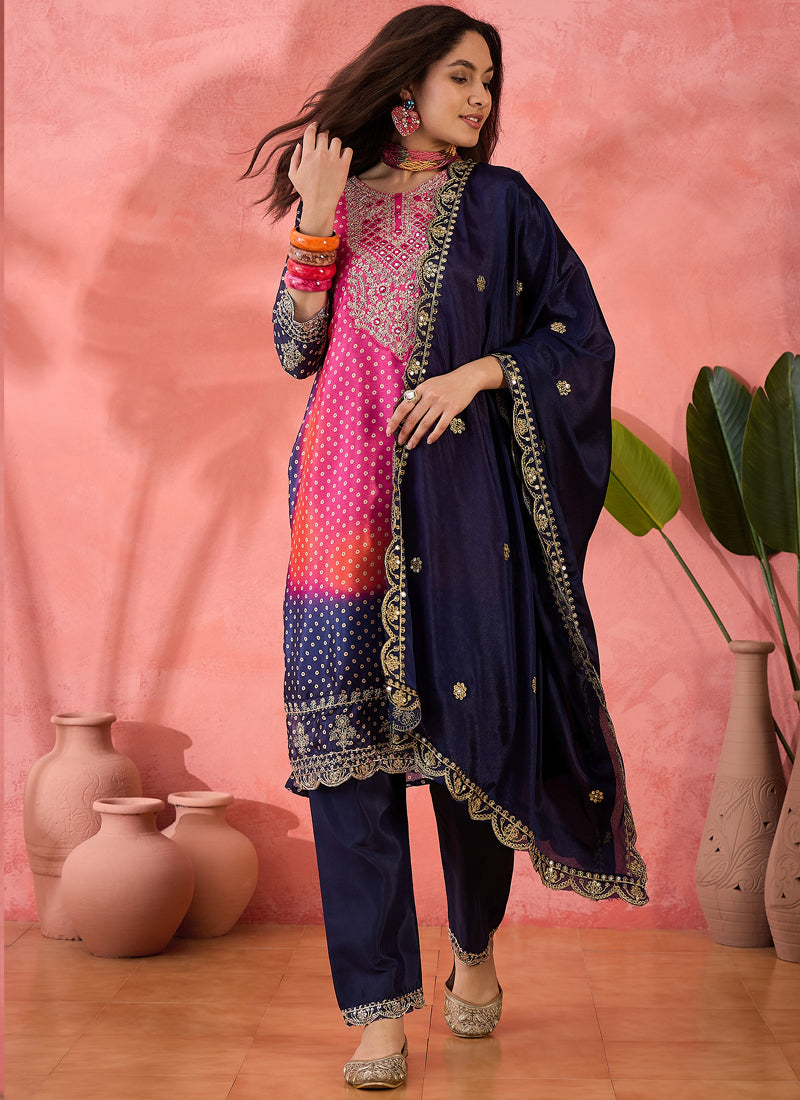 Pink Chinon silk embroidered A-line salwar suit