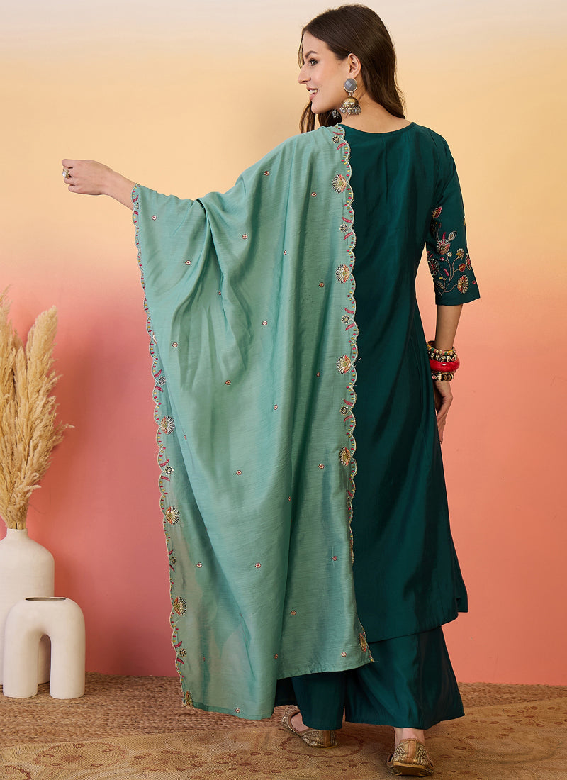 Aqua Green Roman Silk Embroidered A-Line Palazzo Suit