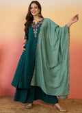 Aqua Green Roman Silk embroidered A-line kurta paired with palazzos