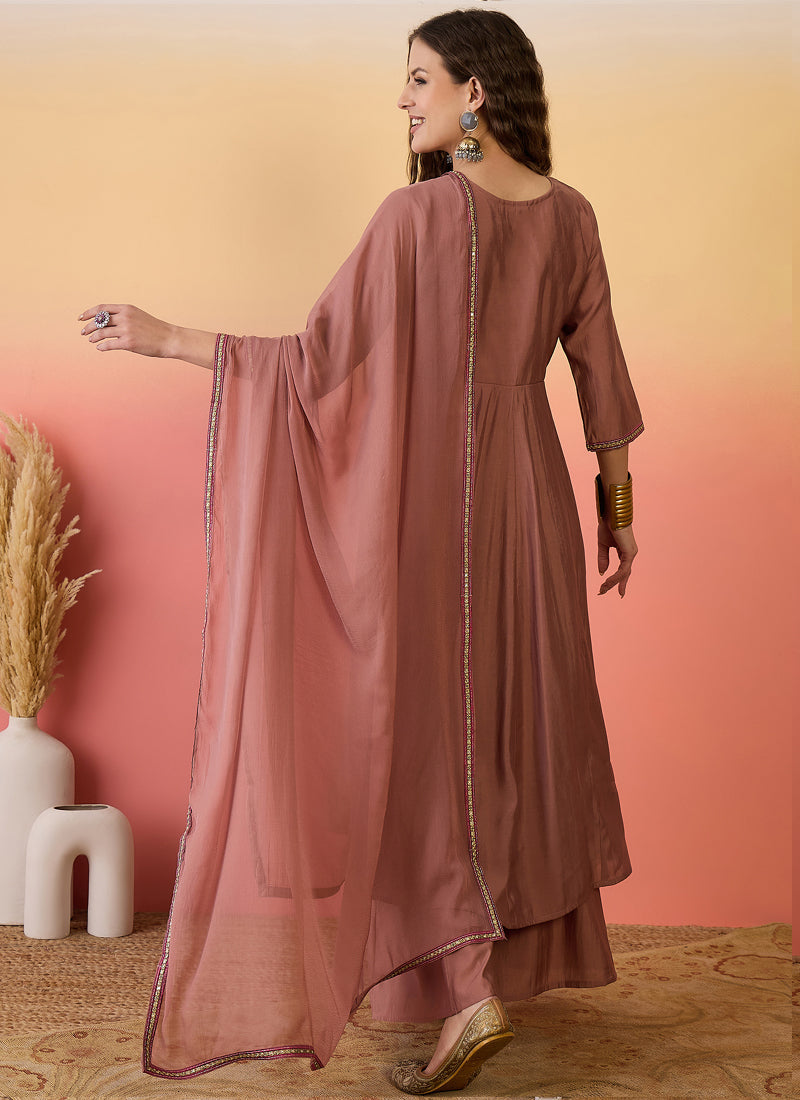 Brown Roman Silk A-Line Embroidered Palazzo Suit Set