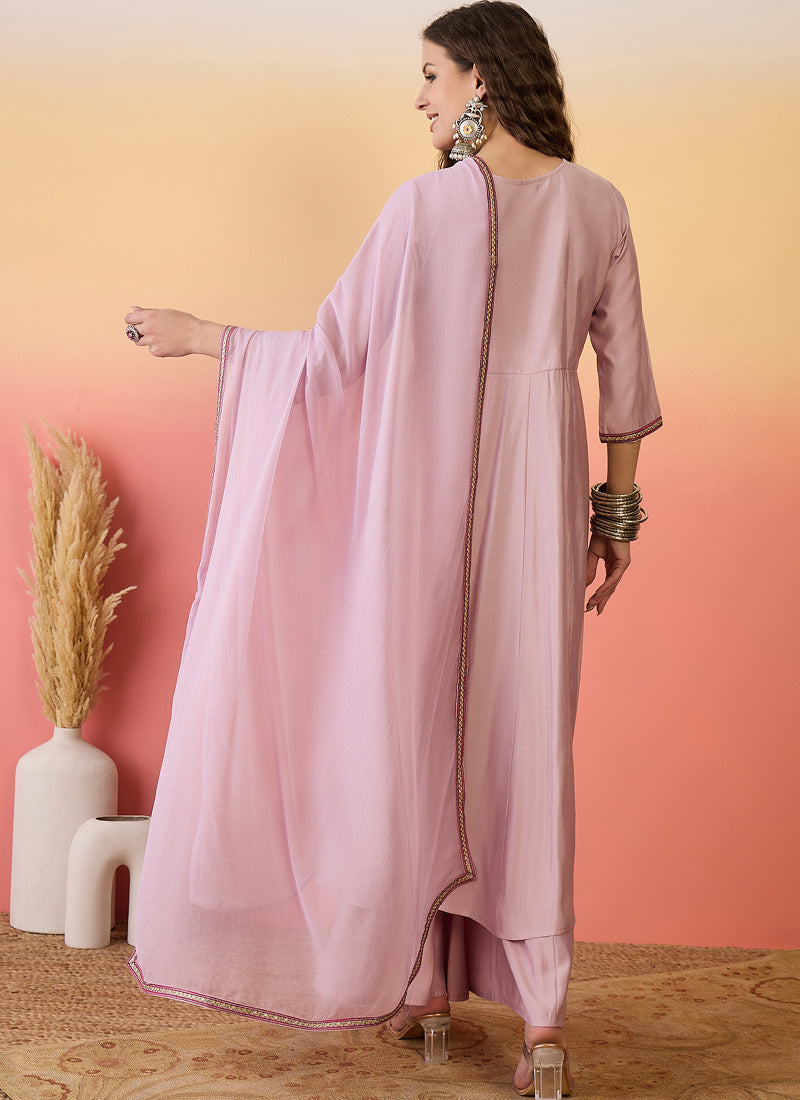 Light Pink Roman Silk Embroidered Palazzo Suit Set